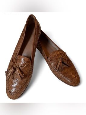 Italian Woven Leather Brown Tan Cognac Neutral Tassel Loafers - Women